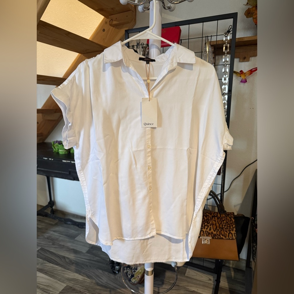 Quince White Short Sleeve Button Front Blouse